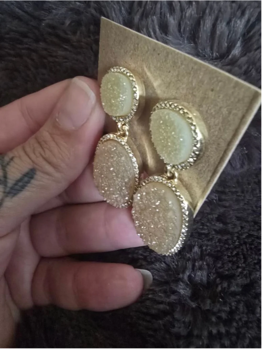 BaubleBar Pale Yellow Gold Druzy Crystal Drop Earrings Quiet Luxe Regency Glam
